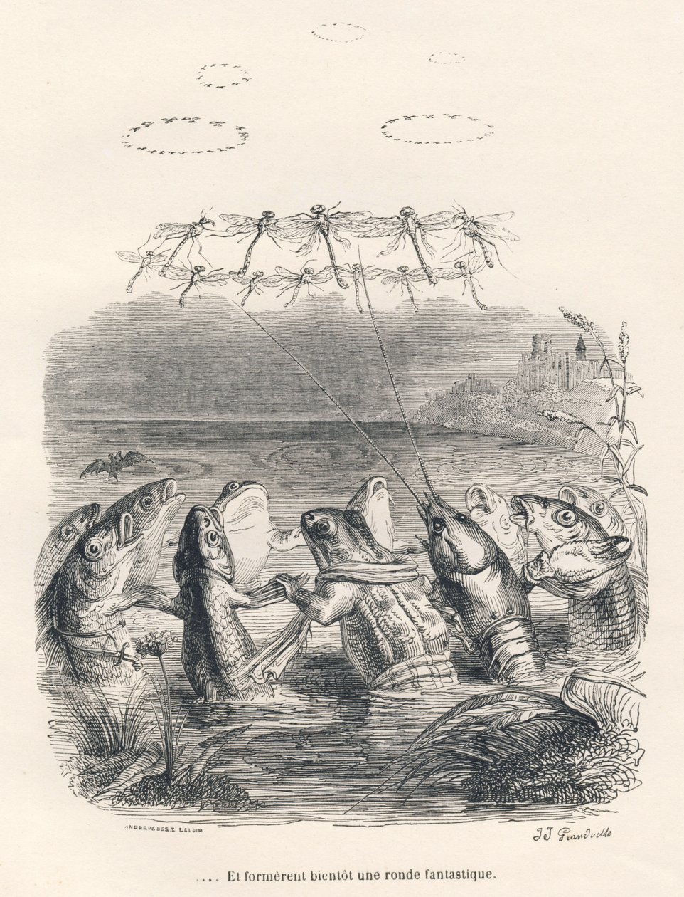 Runde der Wassertiere und Libellen. Vignetten illustriert von JJ Granville. Gravur signiert Andrew, Best und Leloir im Teil "Erinnerungen einer alten Krähe" geschrieben von PJ Stahl in "Szenen aus dem privaten und öffentlichen Leben der Tiere". Paris, J. H von Grandville