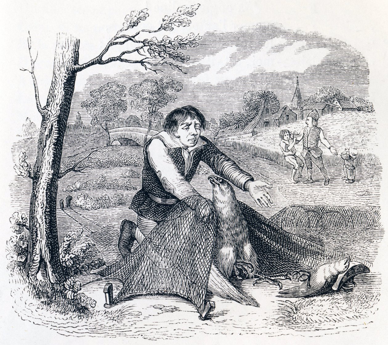 Der Vogelfänger, der Habicht und die Lerche - Fabeln von La Fontaine von Grandville