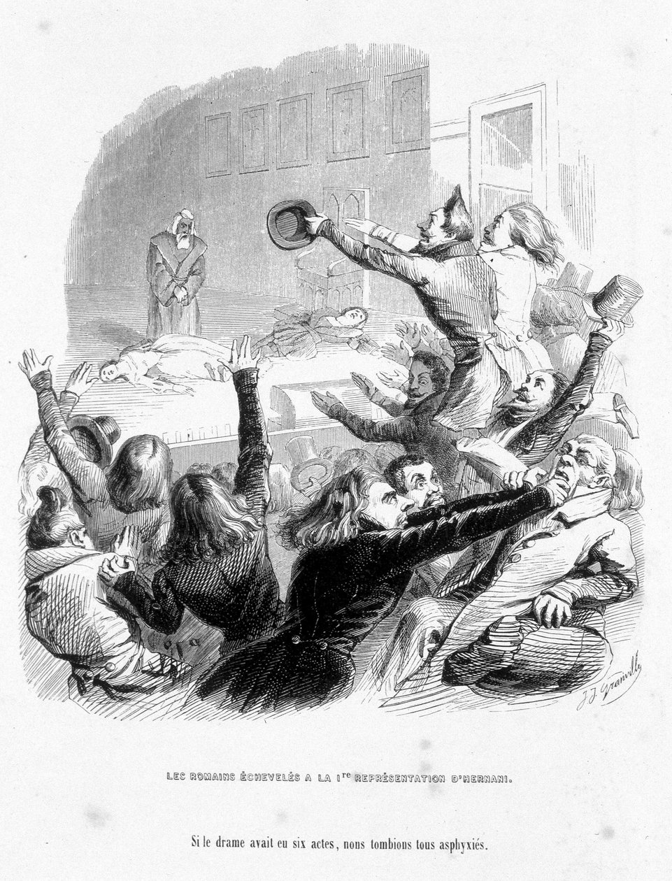 Die Römer haben die erste Aufführung von Hernani von Victor Hugo (1830). Karikatur In „Jérôme Paturot auf der Suche nach einer sozialen Position“ geschrieben von Louis Reybaud von Grandville