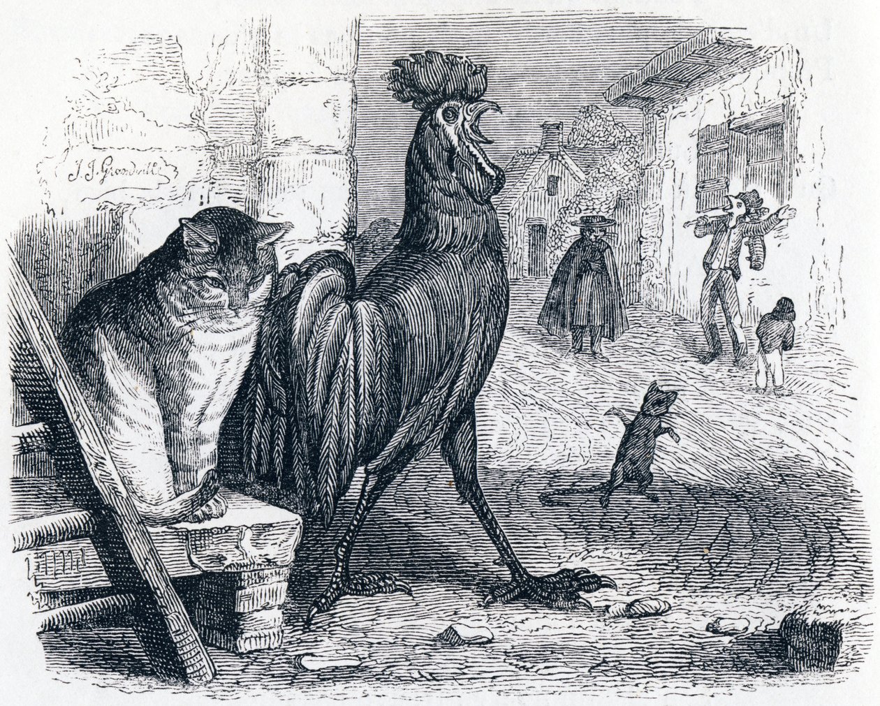 Der Hahn, die Katze und die Maus - Fabeln von La Fontaine von Grandville