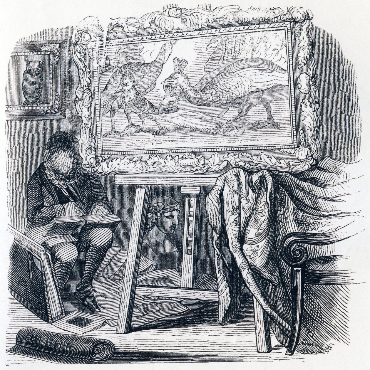 Der Eichelhäher schmückt sich mit Pfauenfedern - Fabeln von La Fontaine von Grandville