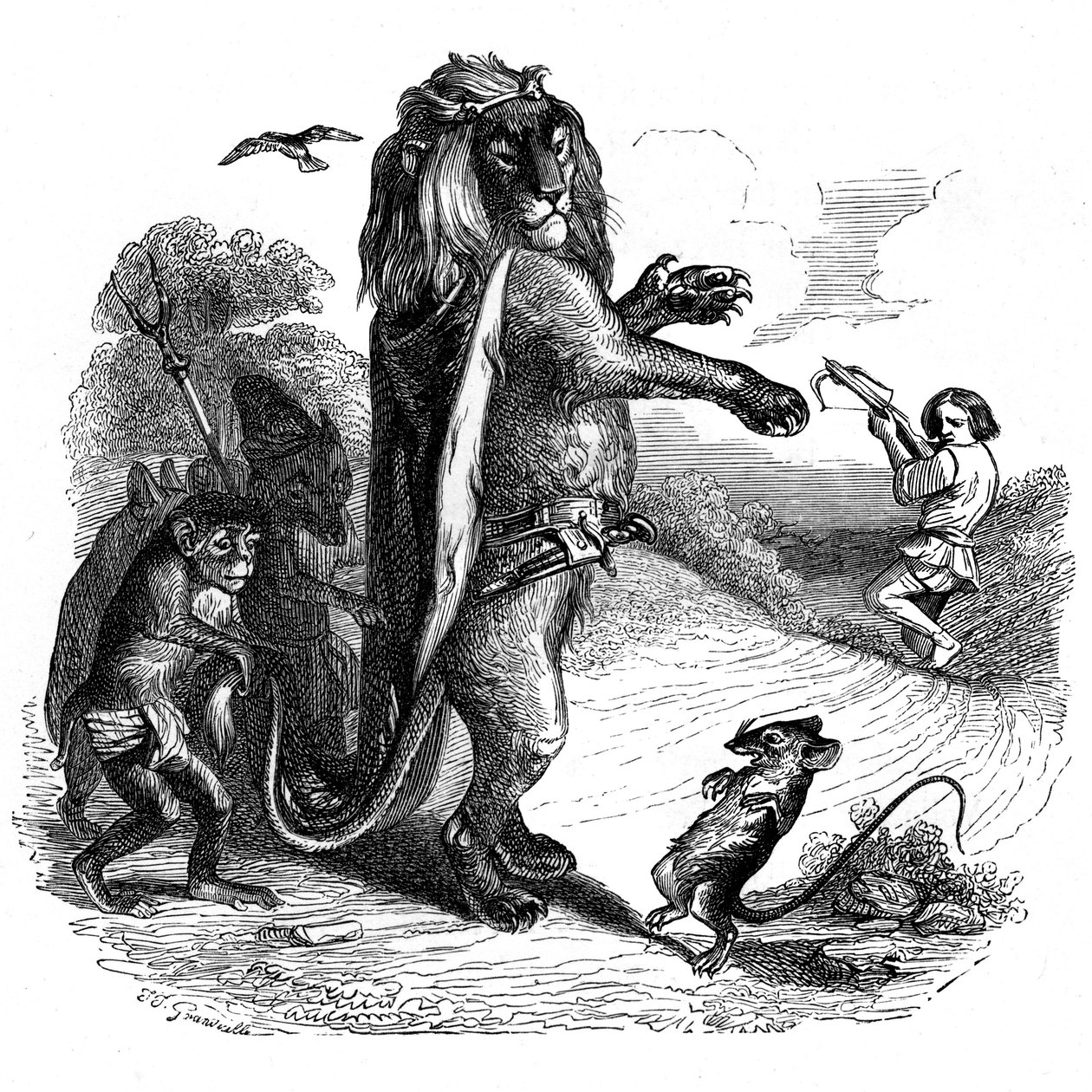 Der Löwe und die Ratte: La Fontaine Fabel illustriert von Grandville von Grandville (1803 47)