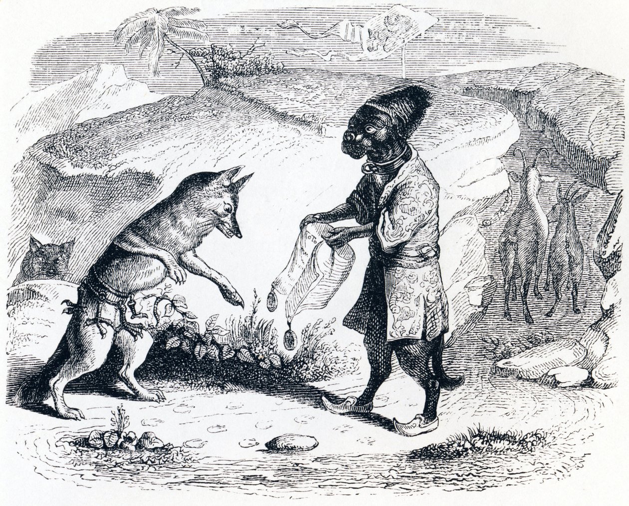 Der kranke Löwe und der Fuchs - Fabeln von La Fontaine von Grandville