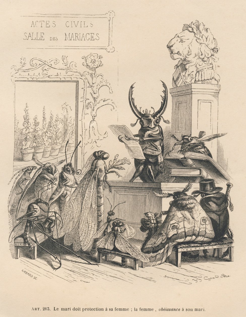 Hochzeitswünsche von Insekten. Vignetten illustriert von JJ Granville. Gravur signiert von Godard im Teil "Die Abenteuer eines Schmetterlings" geschrieben von PJ Stahl in "Szenen aus dem privaten und öffentlichen Leben der Tiere". Paris, J. Hetzel und Paul von Grandville
