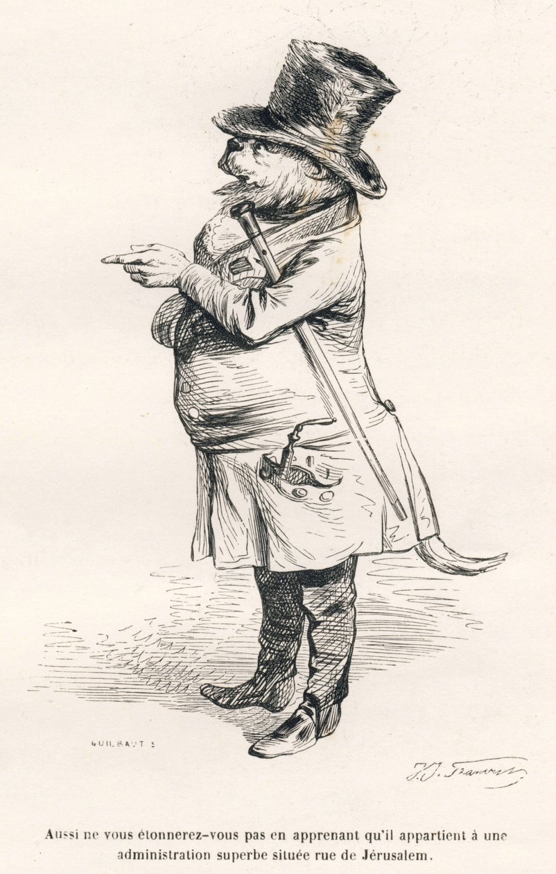 ... es gehört zu einer prächtigen Verwaltung in der Rue de Jerusalem. Vignetten illustriert von JJ Granville. Gravur signiert Guilbaut im Teil "Reise eines Löwen aus Afrika nach Paris" geschrieben von Honore de Balzac in "Szenen aus dem privaten und öffent von Grandville