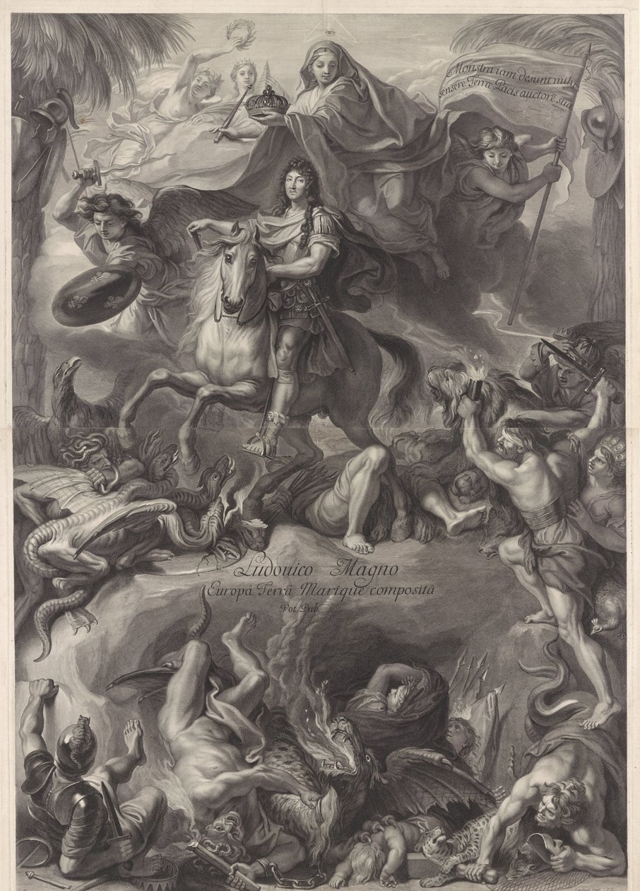 Allegorisches Reiterporträt von Ludwig XIV., König von Frankreich von Gérard Edelinck