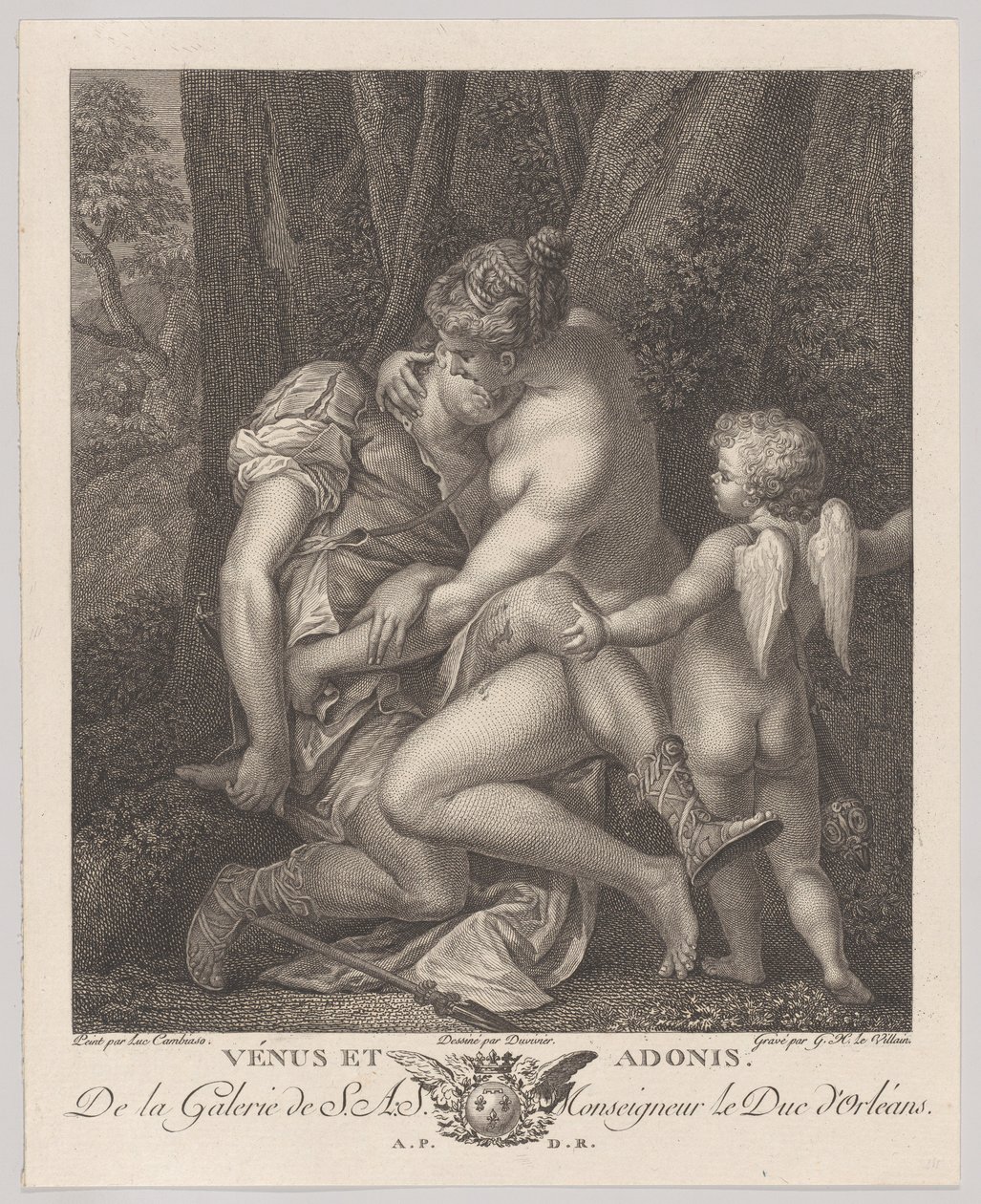 Venus trauert um Adonis, sitzt unter einem Baum und umarmt ihn, mit Amor rechts, ca. 1786 von Gérard René Le Vilain