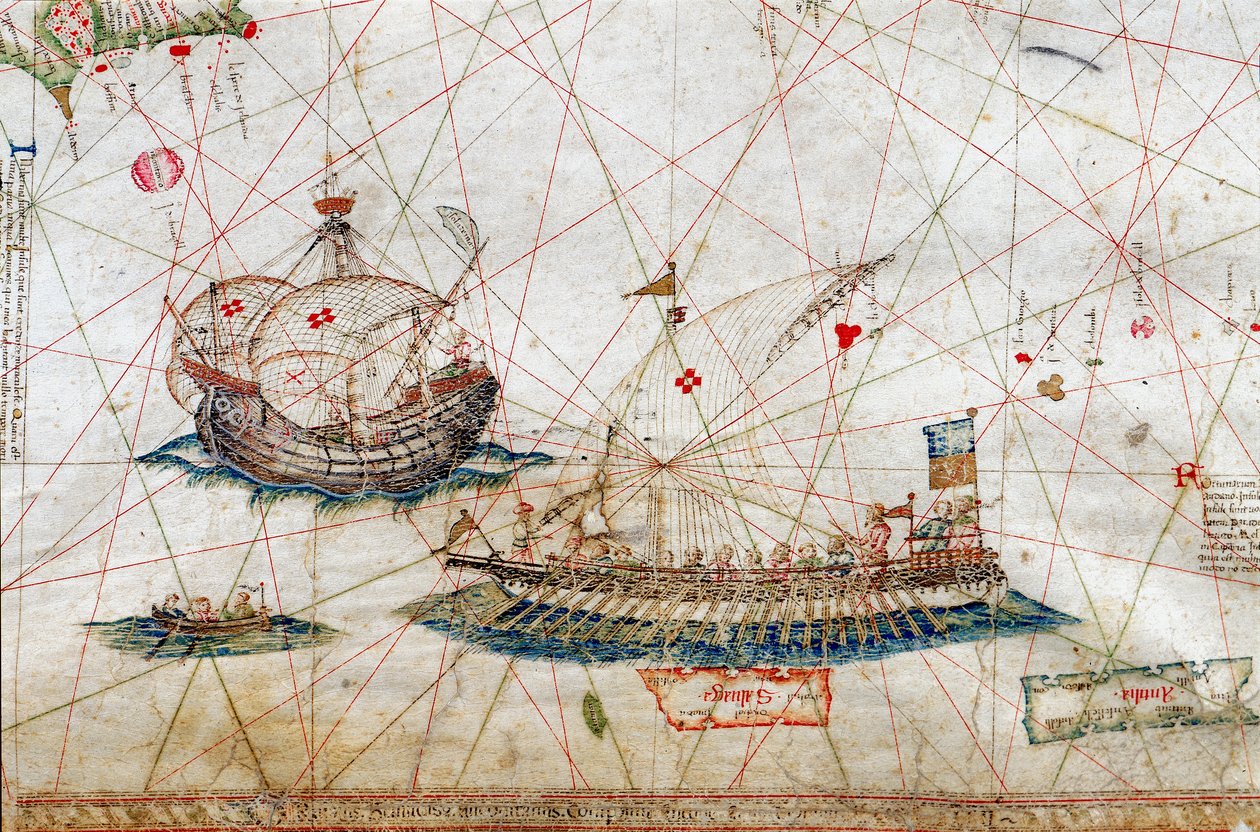 Detail von hohen Mastschiffen aus der Nautischen Karte von Grazioso Benincasa, in der Universitätsbibliothek von Bologna von Grazioso Benincasa