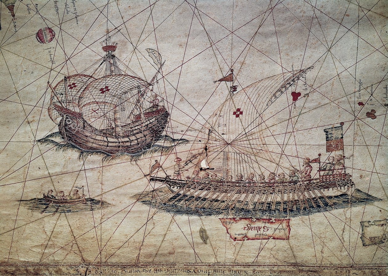 Galeere und portugiesische Karavelle, Detail (Nautische Karte des Mittelmeers) von Grazioso Benincasa