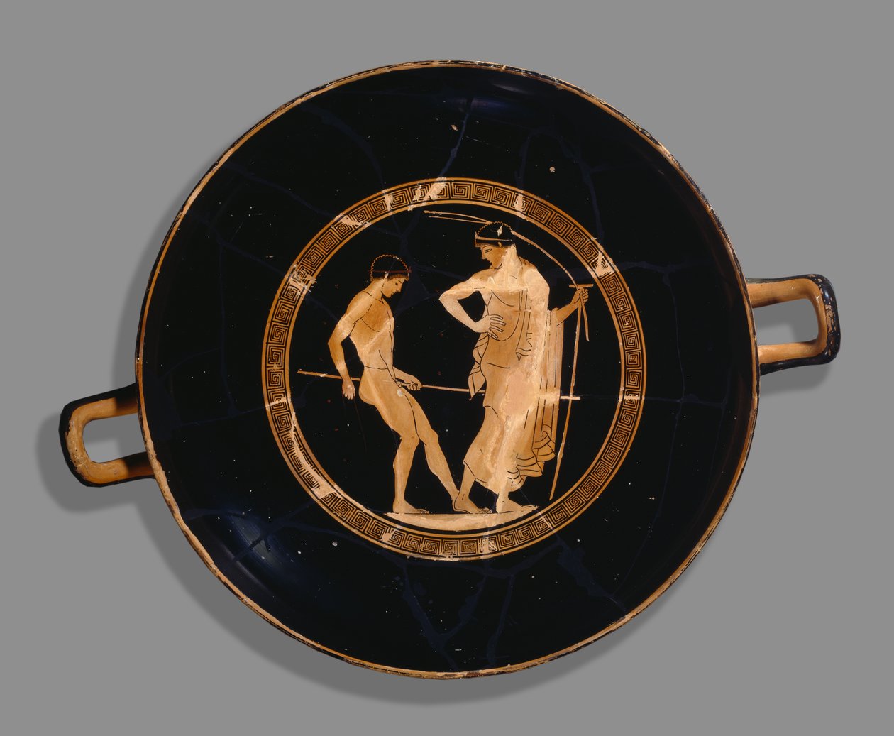 Attische rotfigurige Schale; Darstellung eines Jungenathleten und Trainers, 480 v. Chr. von Greek