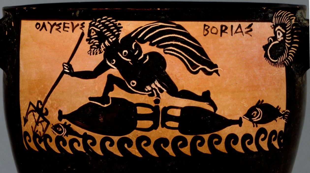 Böotischer schwarzfiguriger Skyphos, dekoriert mit einer Szene von Odysseus, der von Boreas über das Meer geblasen wird, aus der Werkstatt des Mystae-Malers, Theben, Böotien, spätes 5. Jahrhundert v. Chr. (Detail) von Greek