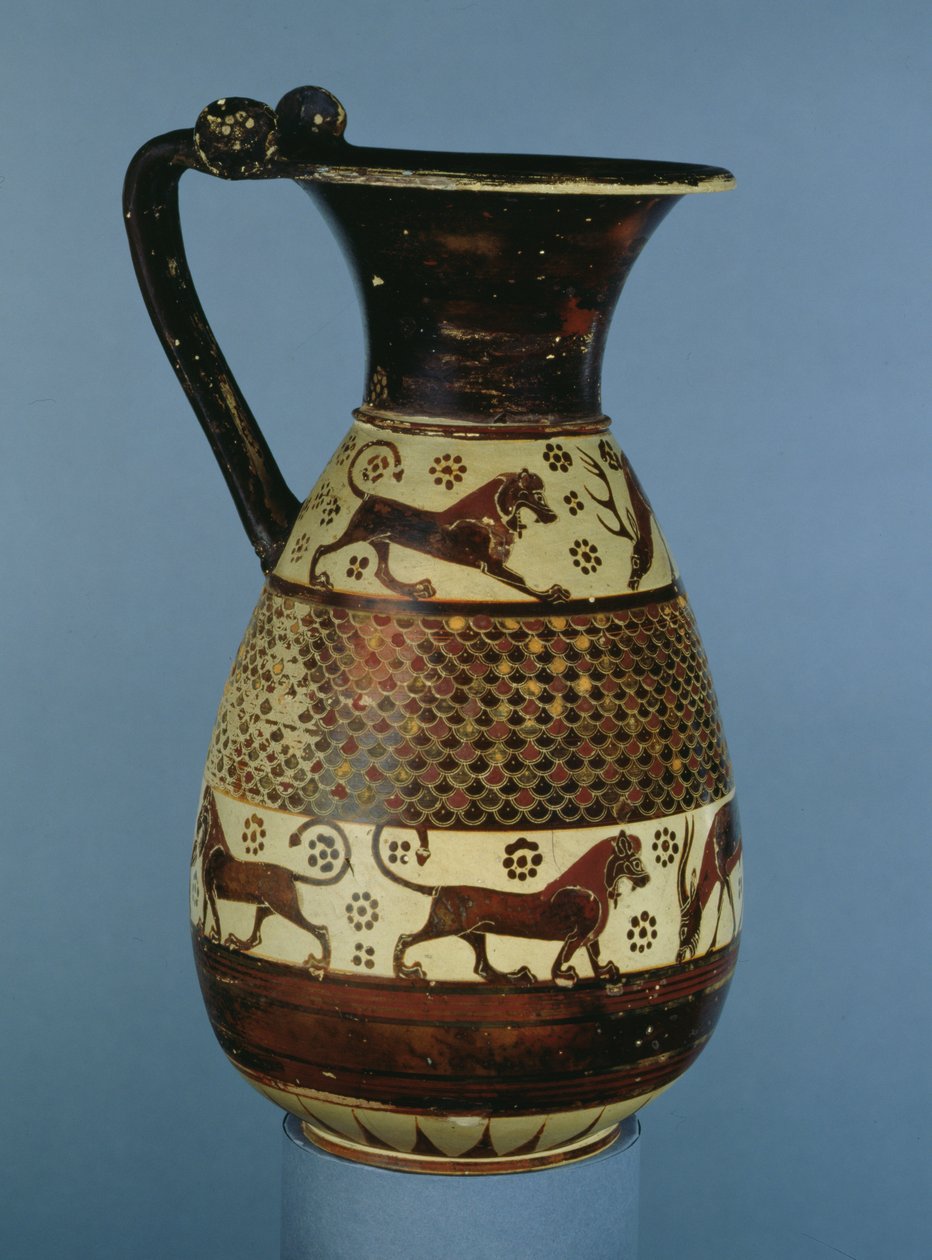 Übergangs-Protokorinthische-Korinthische Olpe mit Tierfries, aus Camirus, Rhodos, ca. 640-625 v. Chr. von Greek