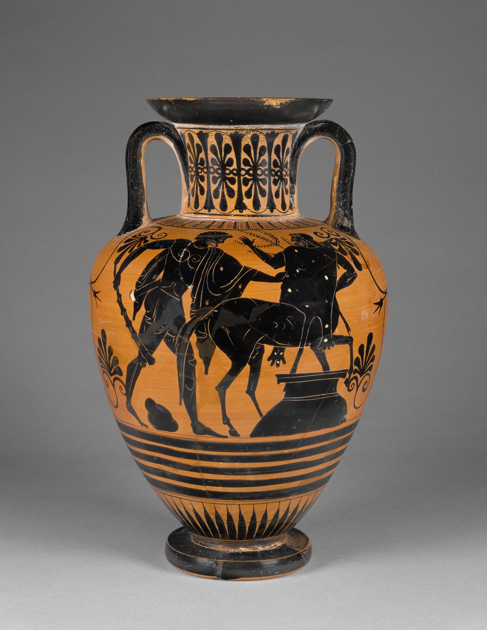 Attische schwarzfigurige Halsamphora mit Herakles und Zentaur, ca. 480-60 v. Chr. (Terrakotta) von Greek