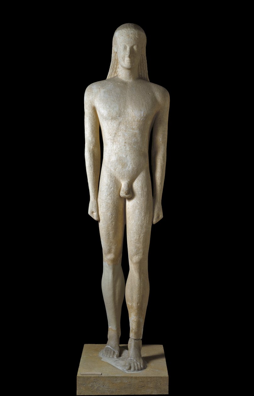 Griechische Kunst: Statue des Kouros, Skulptur eines jungen Mannes der archaischen Periode (650-500 v. Chr.), 530-520 v. Chr., von Melos, Dim. 1,94 m - Athen, Nationalmuseum für Archäologie von Greek