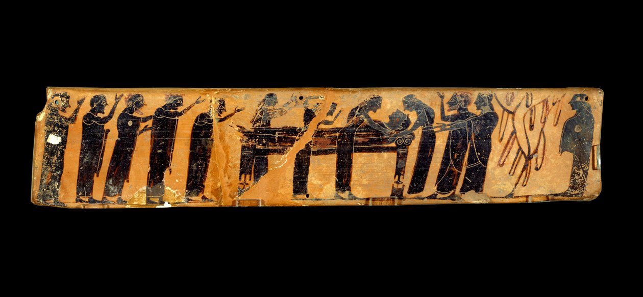 Griechische Kunst: Fragment einer Vase mit schwarzen Figuren in Keramik, die eine Beerdigungszeremonie darstellt: Darstellung des Leichnams des Verstorbenen und der obligatorischen Klagen um das Totenbett, 6. Jahrhundert v. Chr. Paris, Louvre von Greek
