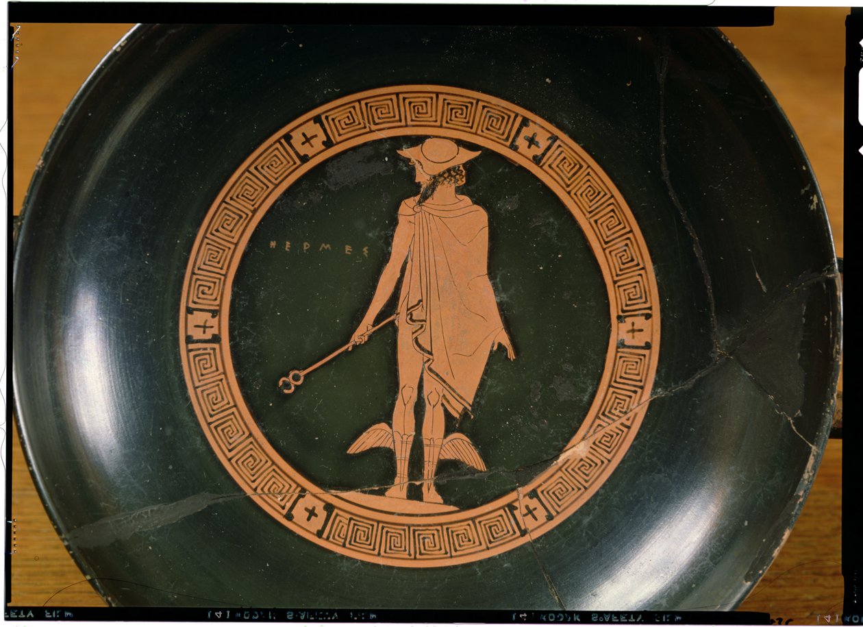 Griechische rotfigurige Schale, die den Gott Hermes darstellt von Greek