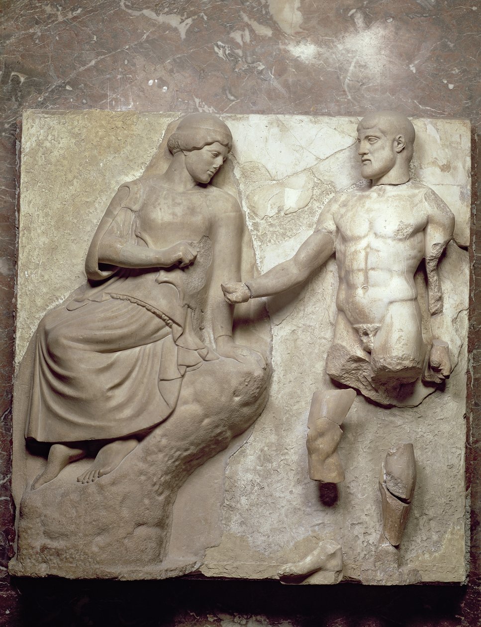 Herkules und Minerva, eine von einer Serie von Metopen, die die Arbeiten des Herkules aus dem Tempel des Zeus in Olympia darstellen, Frühklassische Periode, um 470-457 v. Chr. (Parischer Marmor) von Greek