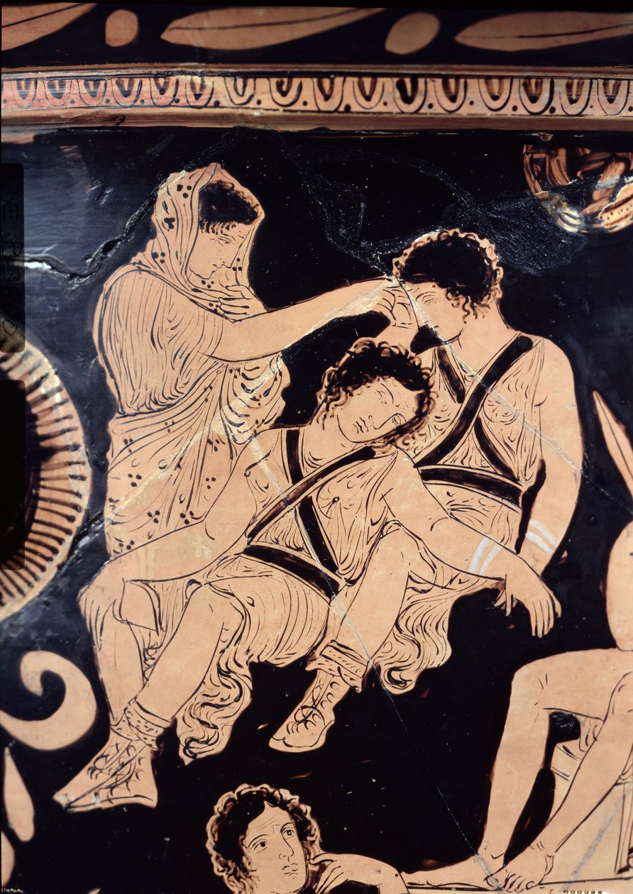 Attisch rotfiguriger Krater, der Orestes als Bittsteller am Schrein des Apollo in Delphi darstellt, zugeschrieben dem apulischen Eumenides-Maler, um 380 v. Chr. (Detail) von Greek School