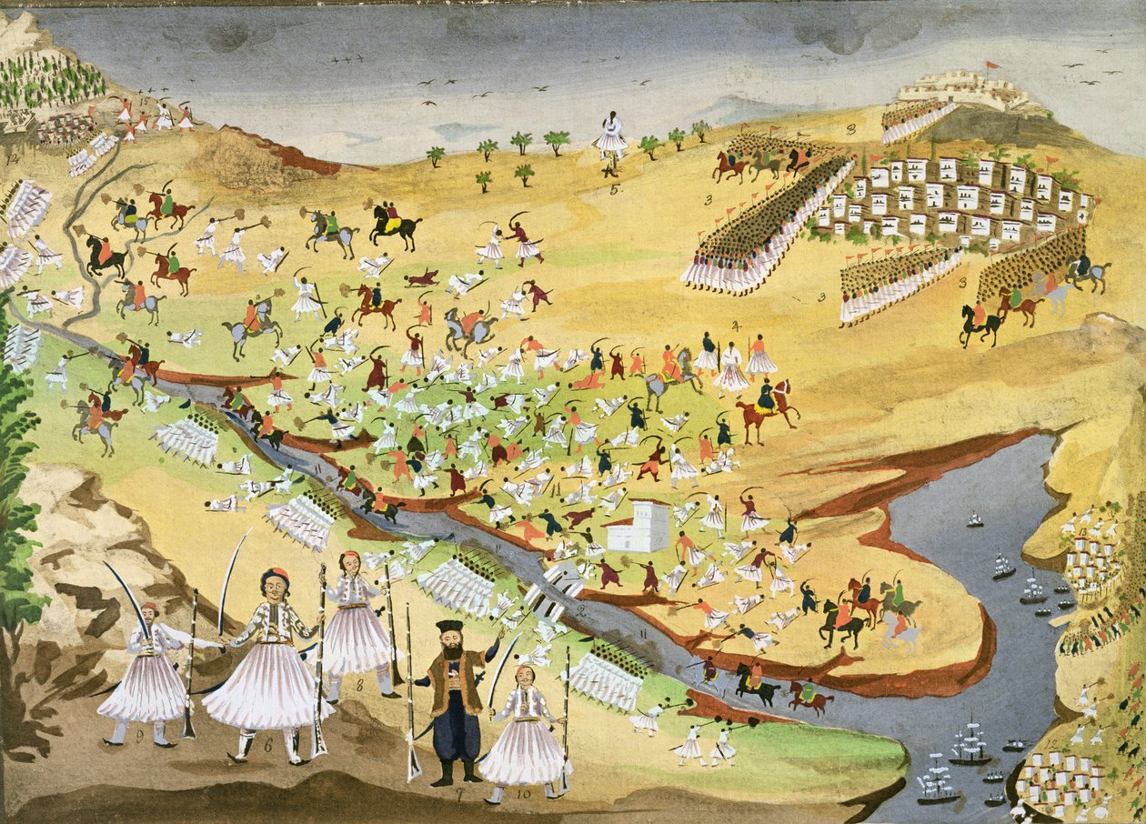 Erste Schlacht zwischen Griechen und Türken an der Alamana-Brücke im Jahr 1821, aus der Bildgeschichte des griechischen Unabhängigkeitskrieges von Greek School