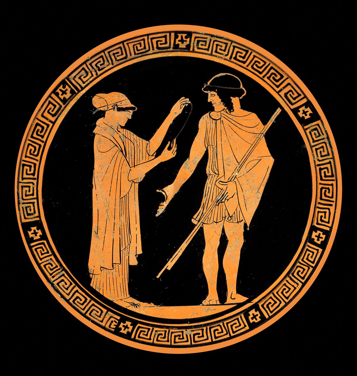 Galantes Gespräch, Dekoration einer Keramik mit roten Figuren. 5. Jahrhundert v. Chr. von Greek School