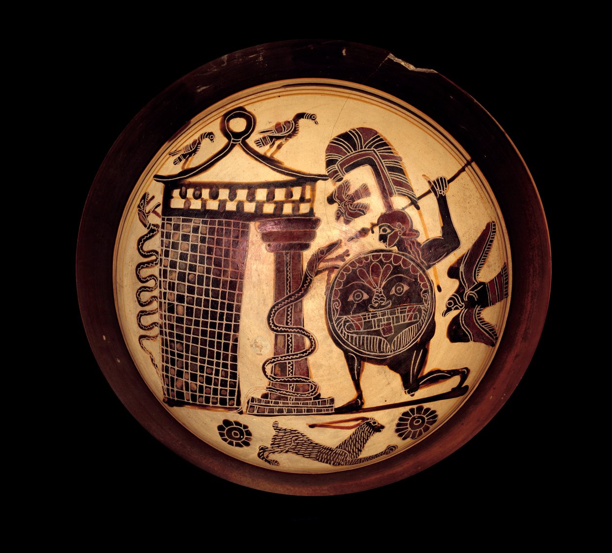 Griechische Kunst: Lakonische Schale mit schwarzen Figuren, die Cadmos im Kampf gegen den Drachen von Theben oder Apollo und die Schlange Python darstellen von Greek School