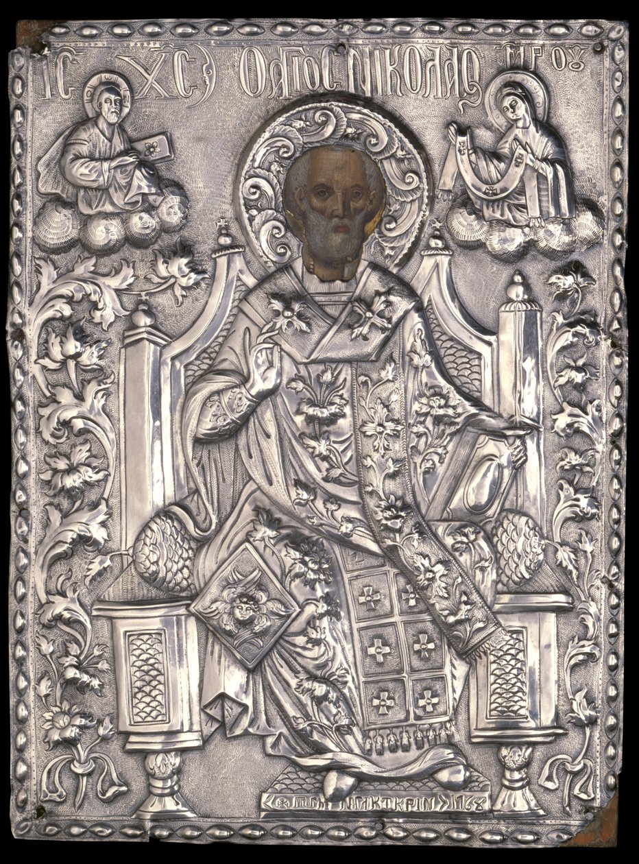 Ikone des heiligen Nikolaus mit Silberfassung, 1768 von Greek School