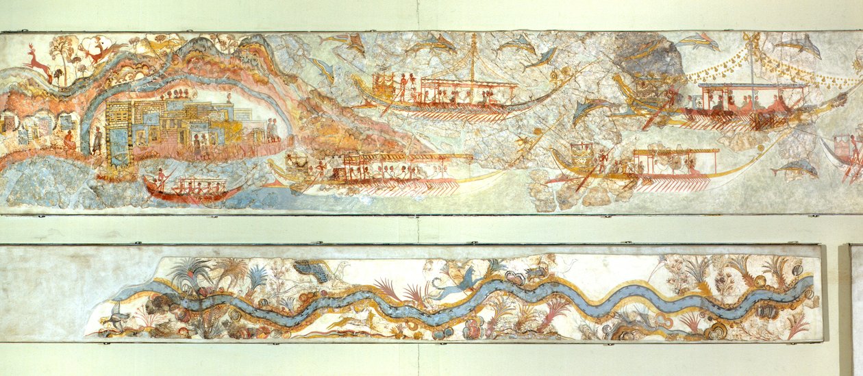 Seefahrten und Flusslandschaft, Akrotiri-Fresko, Thera (heute Santorini), Griechenland, minoische Zivilisation von Greek School