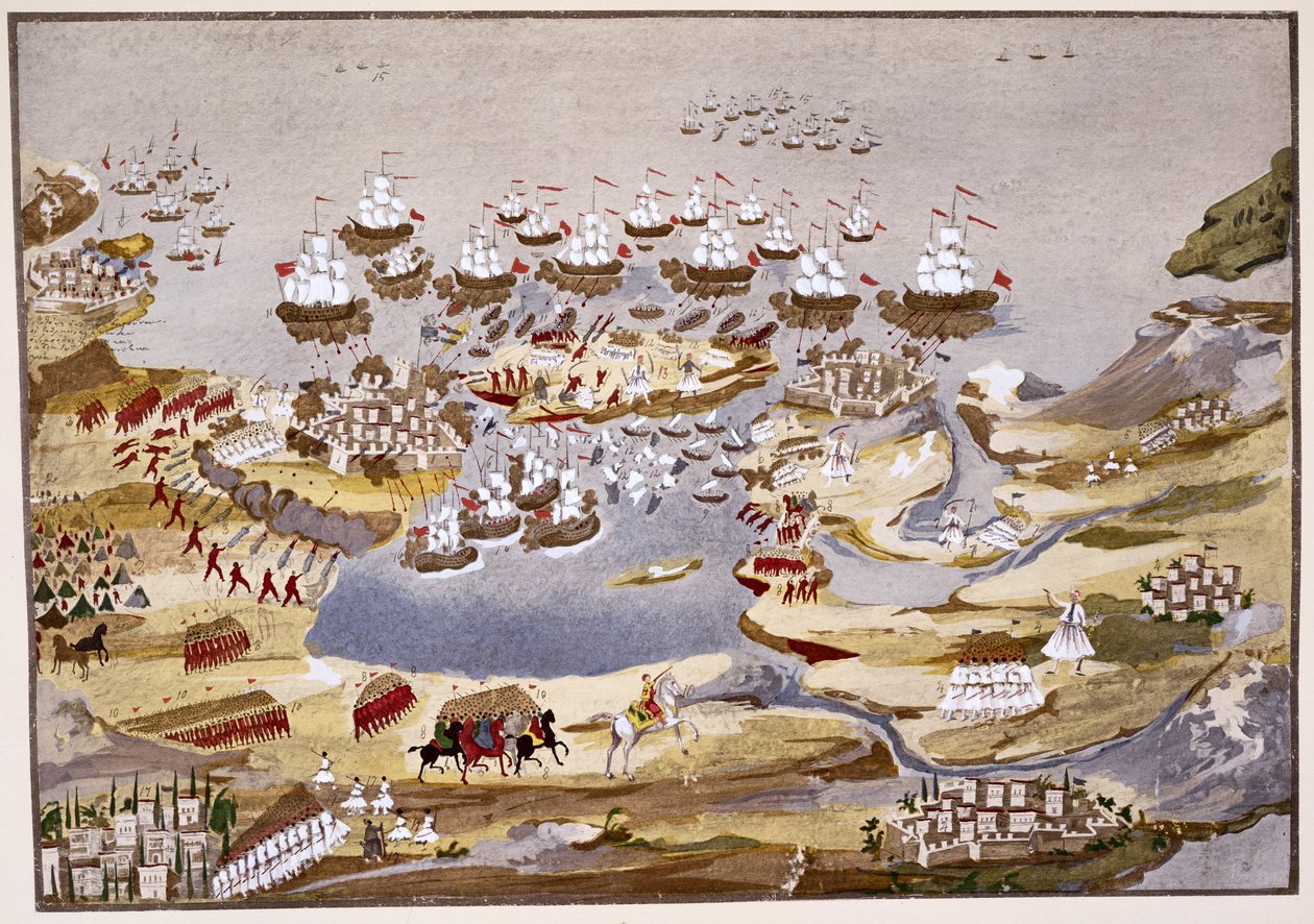 Belagerung und Seeschlacht, Tafel 13 aus Bildliche Geschichte des griechischen Unabhängigkeitskrieges von General Makryjannis von Greek School