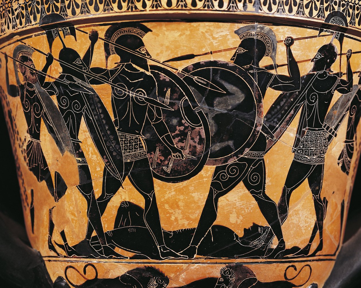 Griechische Zivilisation, schwarzfigurige Keramik, Krater, der den Kampf um den Körper des Patroklos darstellt, aus Farsala, Griechenland von Greek School