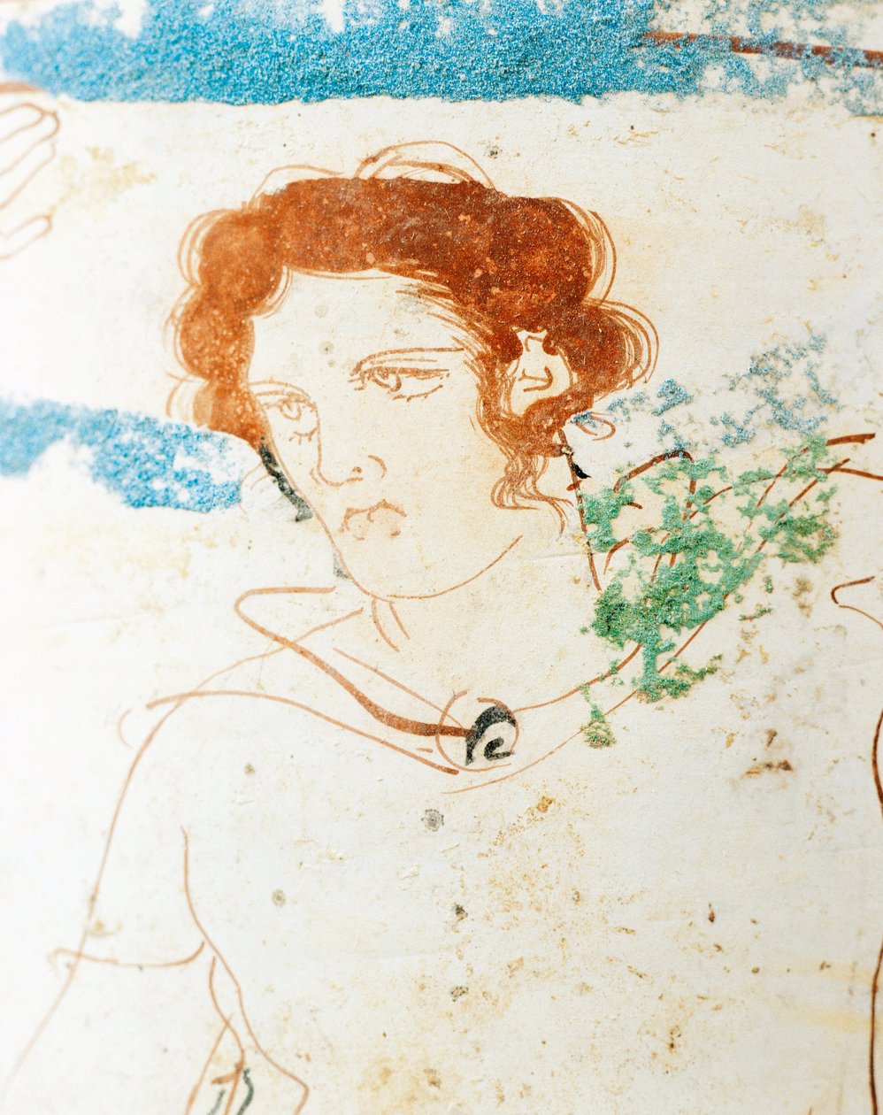 Weißgrundige Keramik, attische Lekythos, die eine Grabmalszene mit Krieger vor dem Grab darstellt (Detail) von Greek School