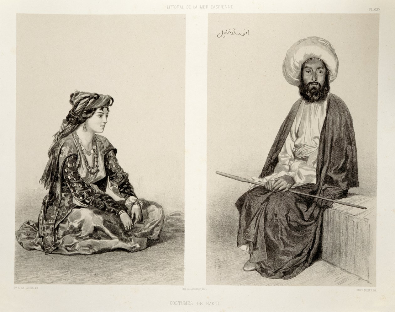 Kostüme von Baku, Kaspische Küste, Tafel 35 aus einem Buch über den Kaukasus, graviert von Jules Didier, veröffentlicht von Alfred Leon Lemercier, Paris, 1847 von Grigori Grigorevich Gagarin