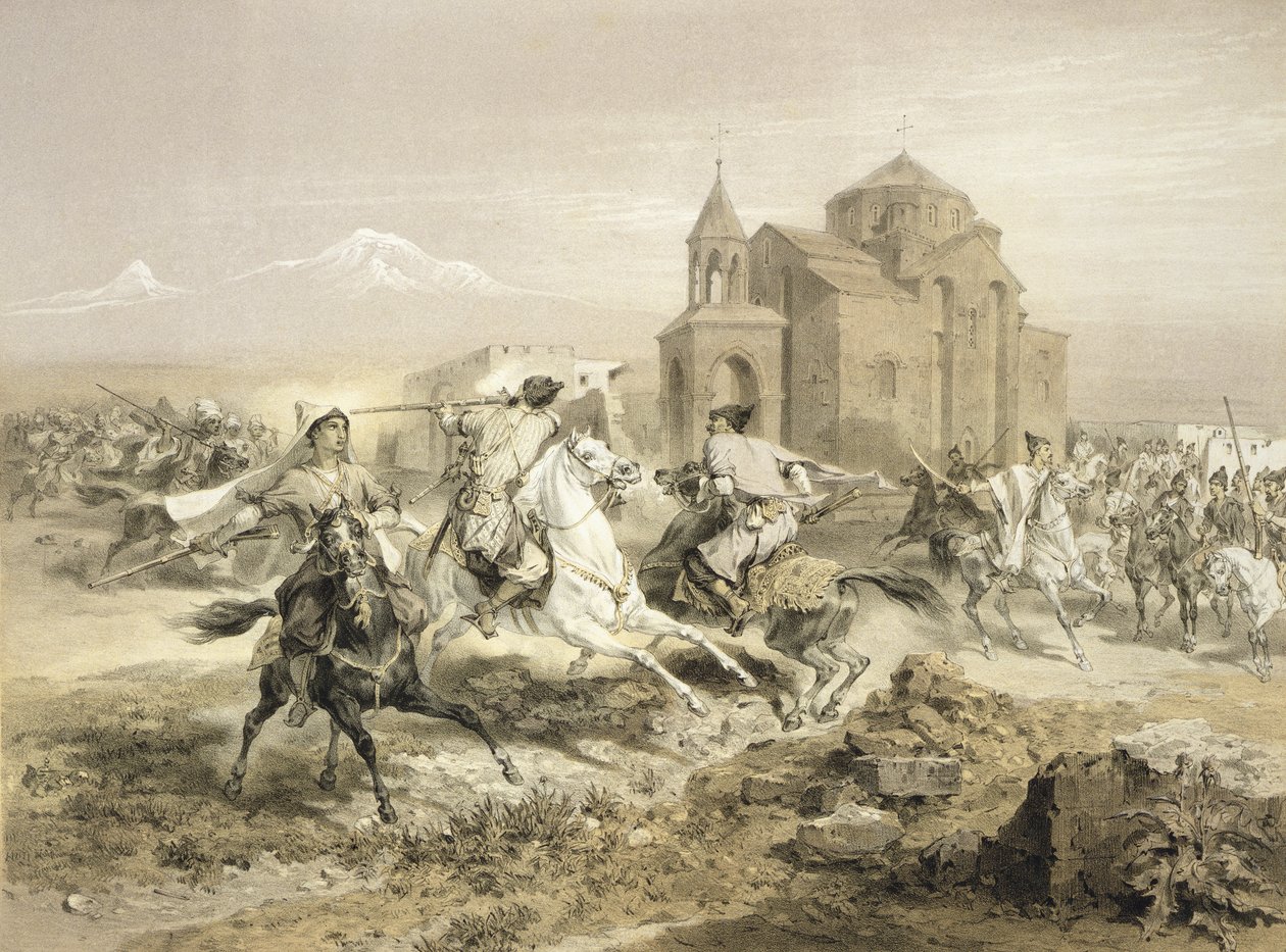 Gefecht zwischen Persern und Kurden in Armenien, Tafel 13 aus einem Buch über den Kaukasus, graviert von Adolphe Jean-Baptiste Bayot, veröffentlicht von Alfred Leon Lemercier, Paris, 1847 von Grigori Grigorevich Gagarin