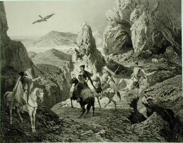 Eine Falkenjagd bei Jerewan, Armenien, Tafel 20 aus einem Buch über den Kaukasus, graviert von Eugene Ciceri (1813-90) und Adolphe Jean-Baptiste Bayot (1810-66), veröffentlicht von Alfred Leon Lemercier, Paris von Grigori Grigorevich (after) Gagarin