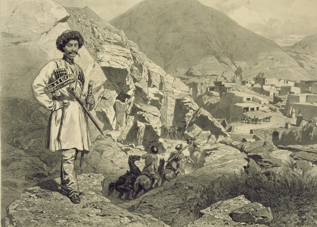 Ankunft in Tsatanykh, Dagestan, Tafel 12 aus einem Buch über den Kaukasus, graviert von Jules Didier, veröffentlicht von Alfred Leon Lemercier, Paris, 1847 von Grigori Grigorevich Gagarin
