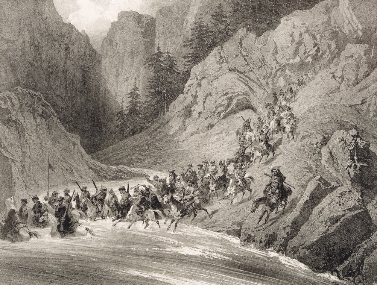 Tcherkersseians auf einem Überfall in der Nähe des Schwarzen Meeres, Tafel 4, aus einem Buch über den Kaukasus, graviert von Eugene Ciceri und Adolphe Jean-Baptiste Bayot, veröffentlicht von Alfred Leon Lemercier von Grigori Grigorevich Gagarin