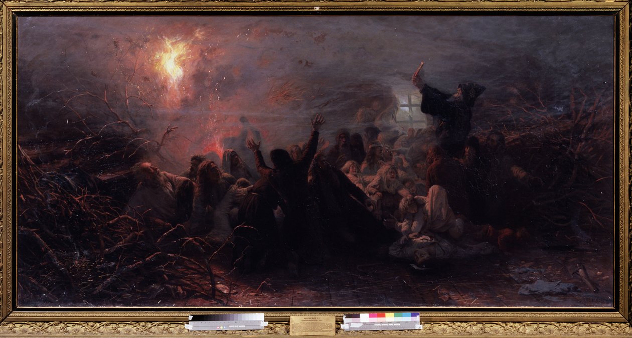 Selbstverbrennung. Episode des Raskol (Schisma) der orthodoxen Kirche 1666-1667, als einige Altgläubige sich aus Protest gegen die Reformen des Moskauer Patriarchen aus Angst vor dem Weltuntergang selbst verbrannten von Grigori Grigoryevich Myasoedov