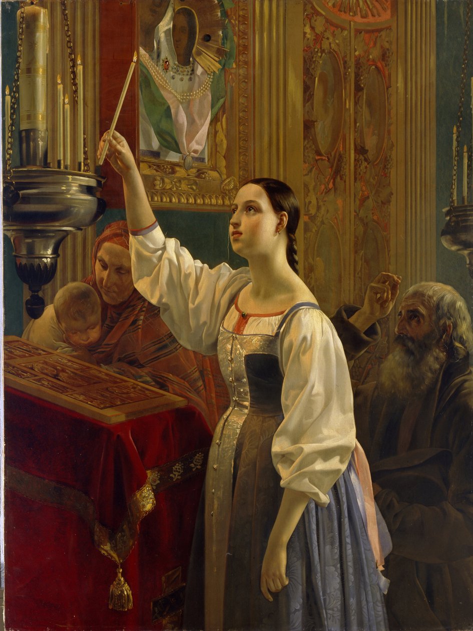 Mädchen stellt eine Kerze vor eine Ikone. In einer orthodoxen Kirche am Gründonnerstag der Osterwoche. von Grigory Mikhailov