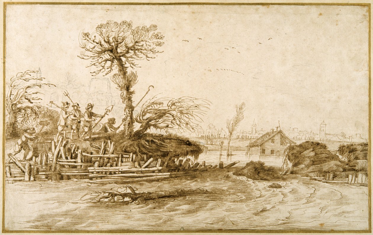 Ein Fluss in Flut und Bauern mit Äxten und anderen Werkzeugen von Guercino