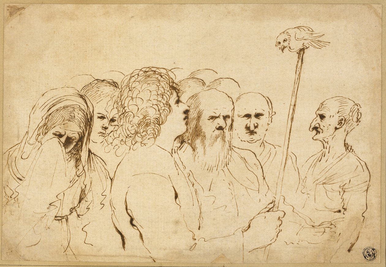 Gruppe von Figuren mit Eule auf einem Pfahl von Guercino