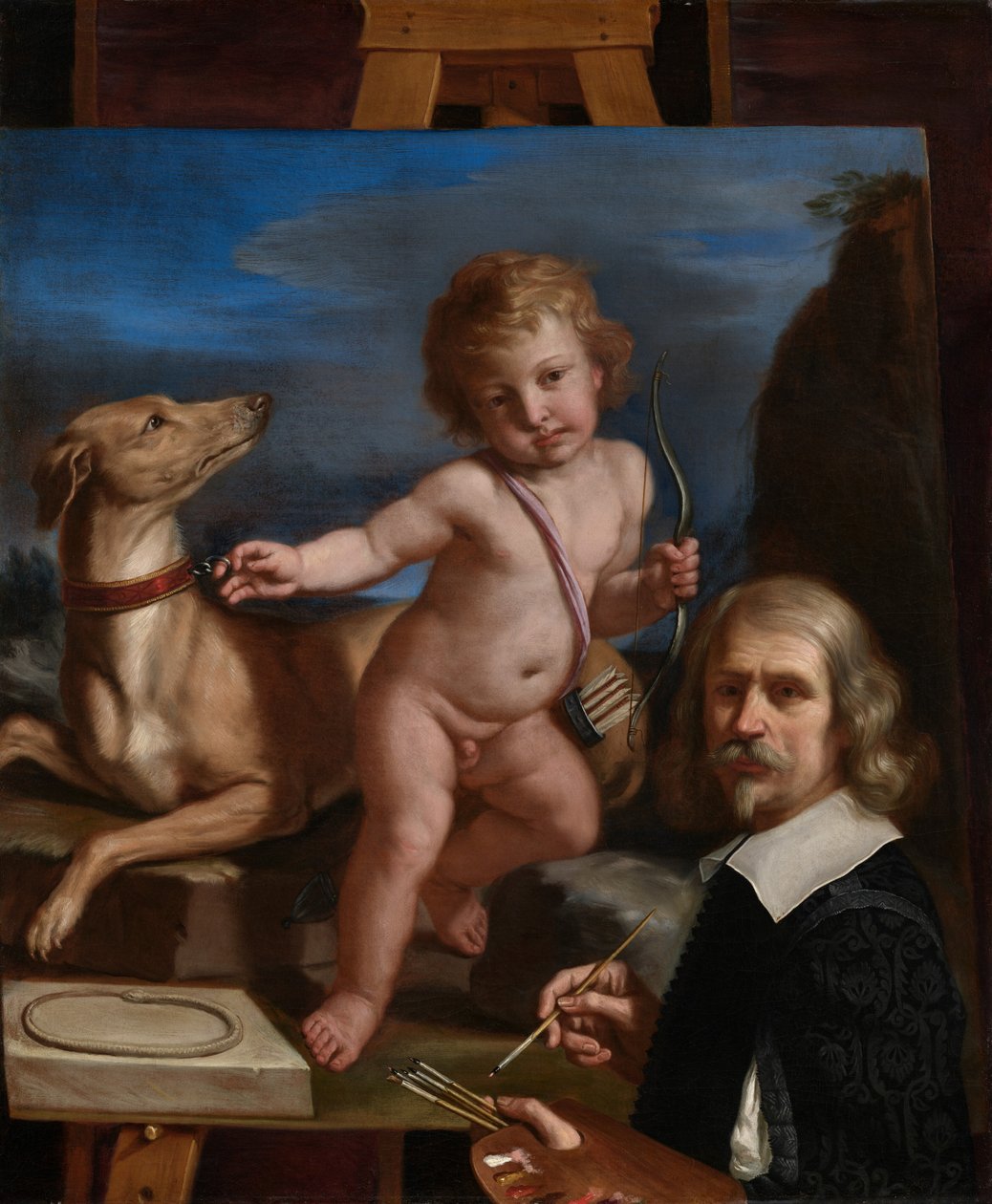 Selbstporträt vor einem Gemälde von "Amor Fedele" von Guercino