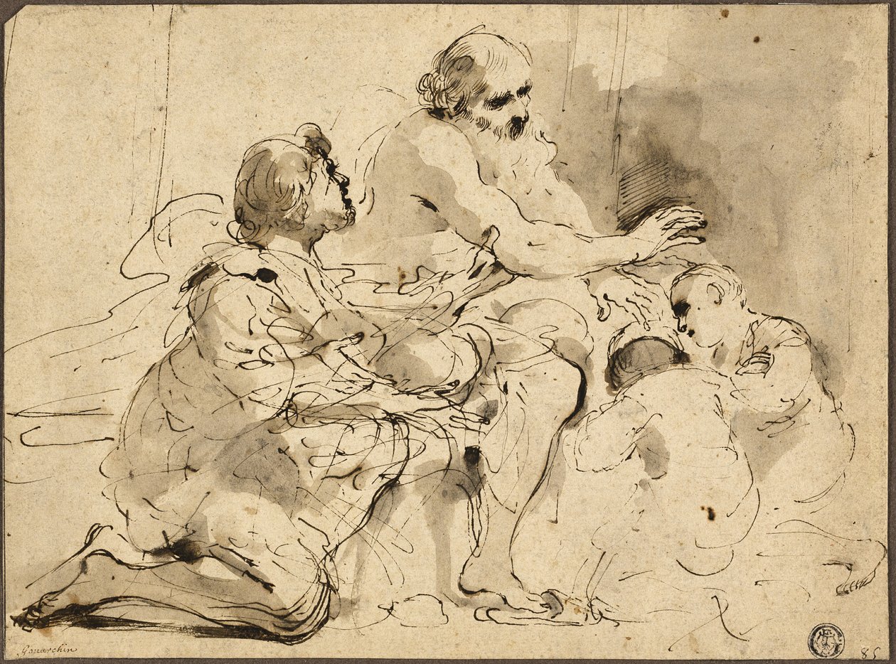 Studie für Jakob segnet die Söhne Josephs (recto); Skizzen: Heiliger Christophorus; Zwei Figuren im Gespräch über Geld (verso) von Guercino