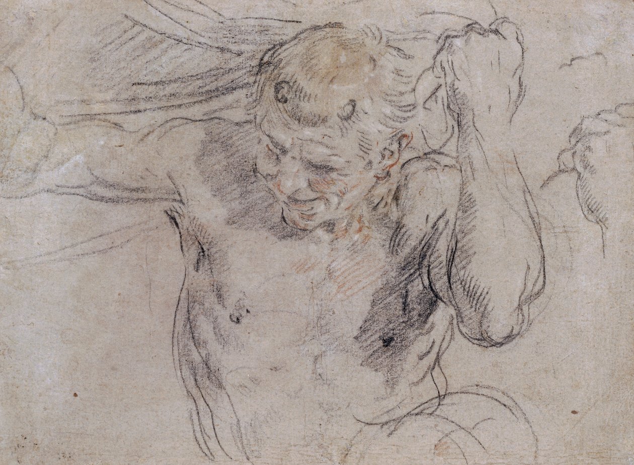 Ein Satyr hebt den Vorhang und eine Nebenskizze seiner linken Hand von Guido Reni