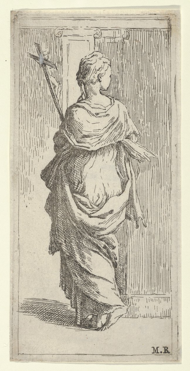 Mädchen, das ein Kruzifix trägt und auf einen Pfeiler zugeht, von hinten gesehen, ca. 1590-1600 von Guido Reni