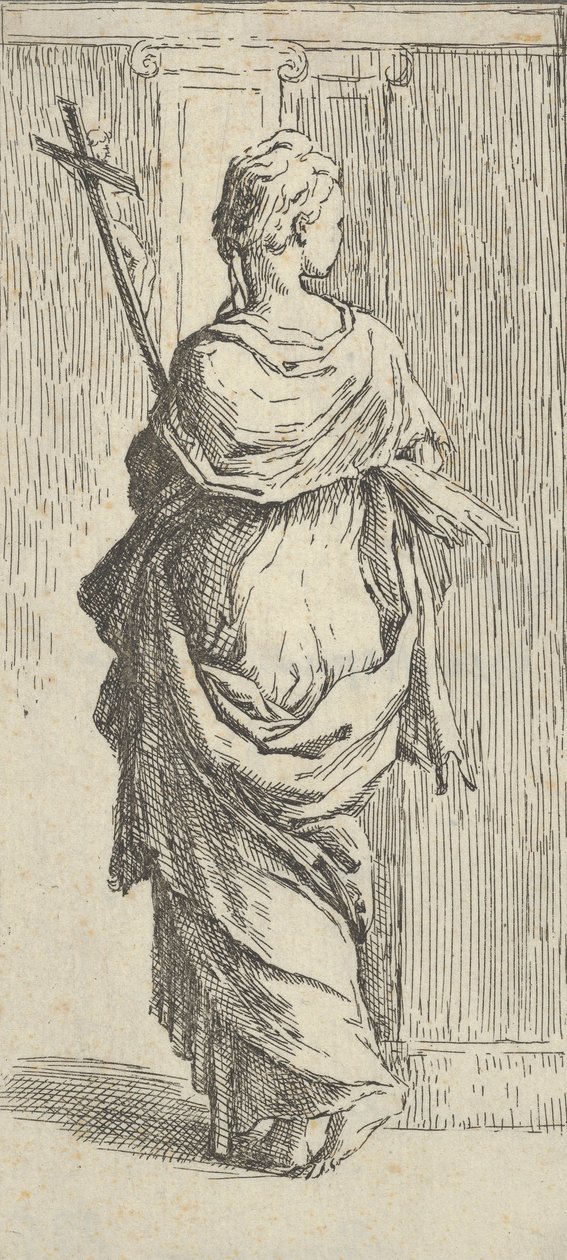 Mädchen, das ein Kruzifix trägt und auf einen Pfeiler zugeht, von hinten gesehen, ca. 1590-1600 von Guido Reni