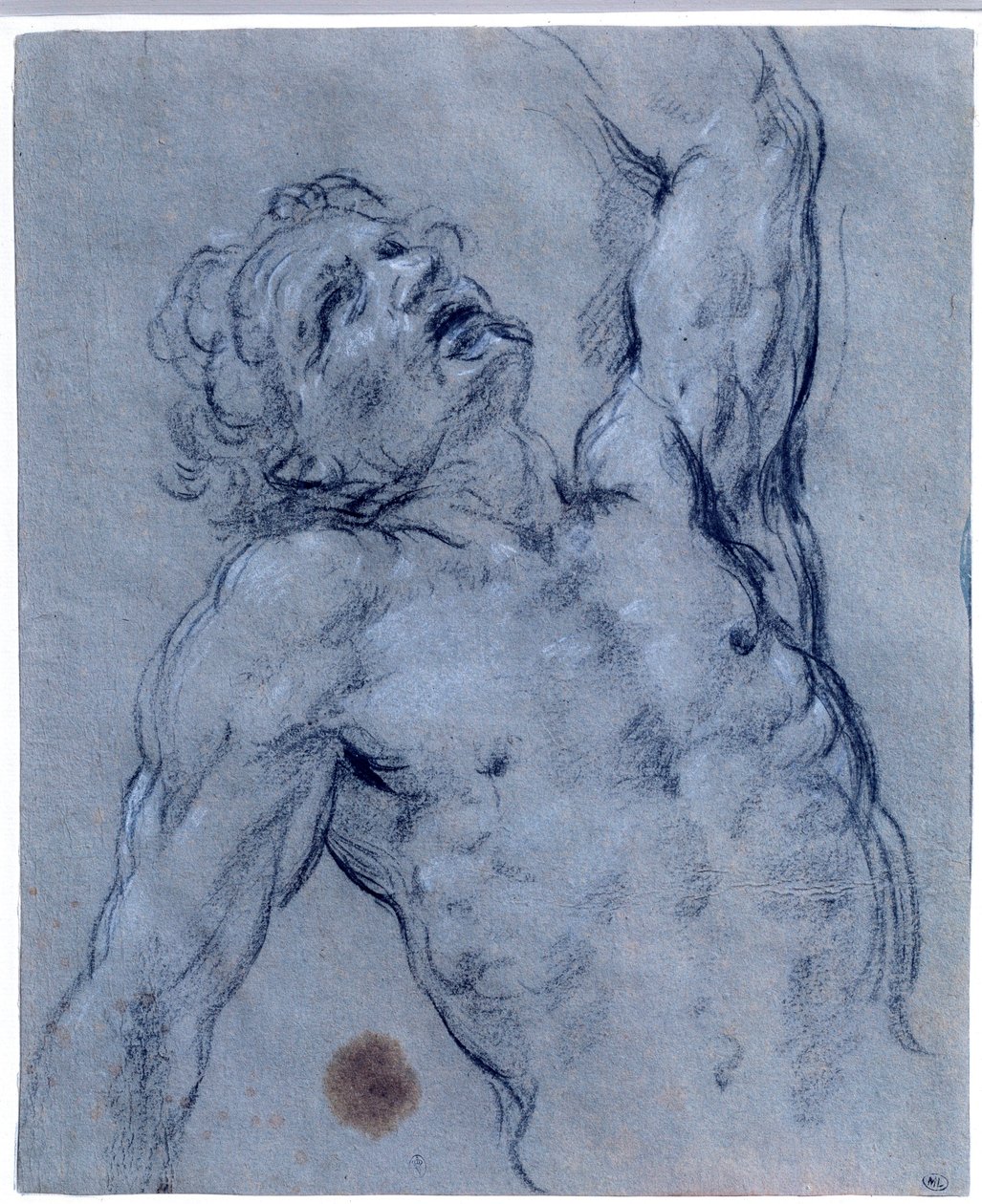 Halbfigur eines nackten Mannes, der sich zurücklehnt und vorgibt zu leiden. Zeichnung von Guido Reni genannt Der Guide (1573-1642) von Guido Reni