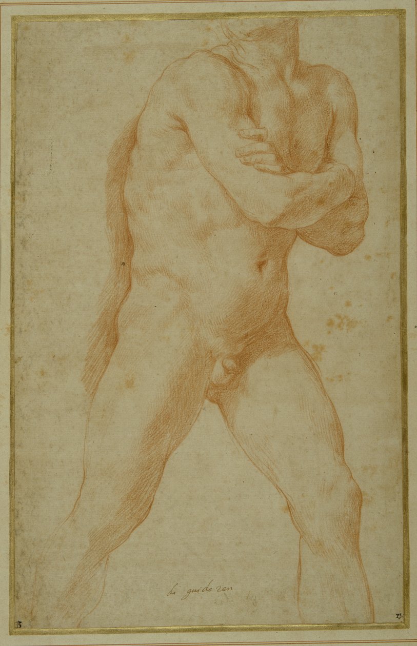 Nackter Mann schreitet vorwärts, mit verschränkten Armen und Blick über die rechte Schulter von Guido Reni