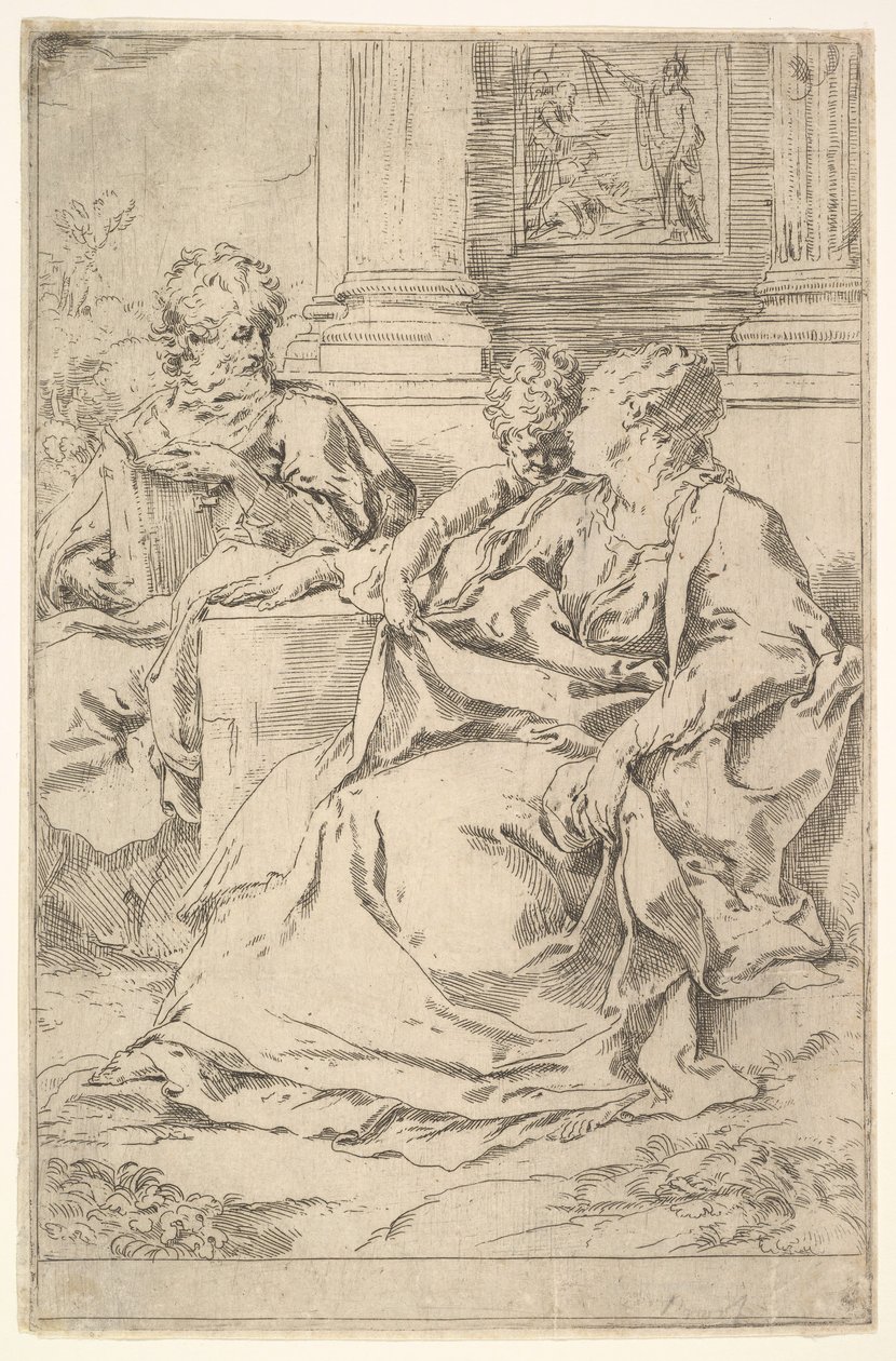 Die Heilige Familie mit biblischer Szene im Hintergrund von Guido Reni