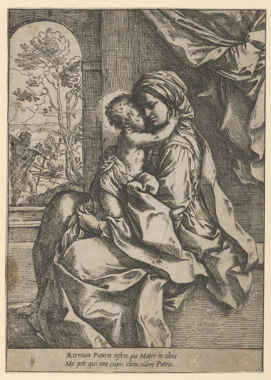 Die Jungfrau, die mit dem Christuskind auf ihrem Schoß sitzt und ihn umarmt, Joseph im Hintergrund, ca. 1600-1613 von Guido Reni