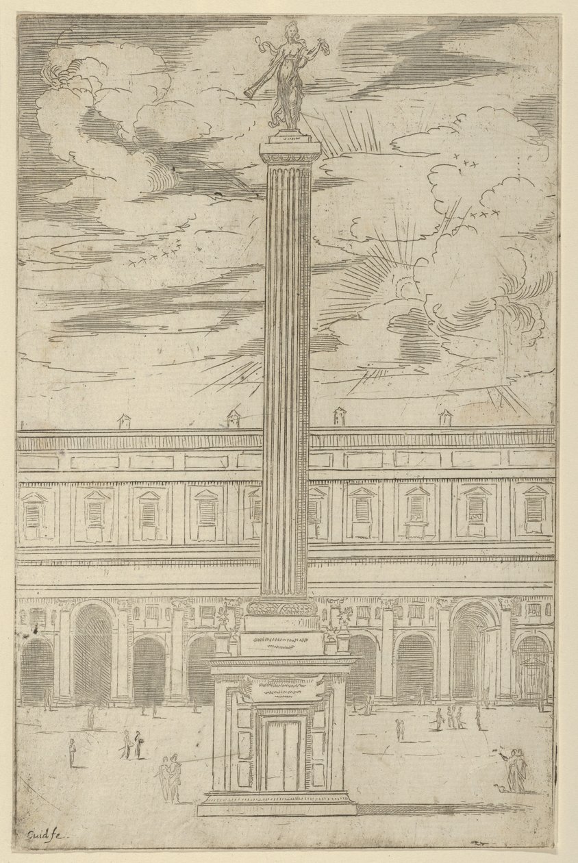 Triumphsäule mit weiblicher Figur des Ruhms, die eine Trompete hält, eine temporäre Dekoration, 1598 von Guido Reni