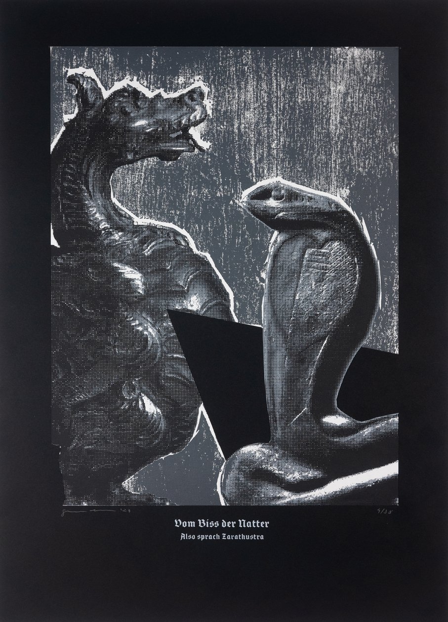 Von der Natter gebissen, Also sprach Zarathustra, 2024 (Holzschnitt und Siebdruck) von Guilherme Pontes
